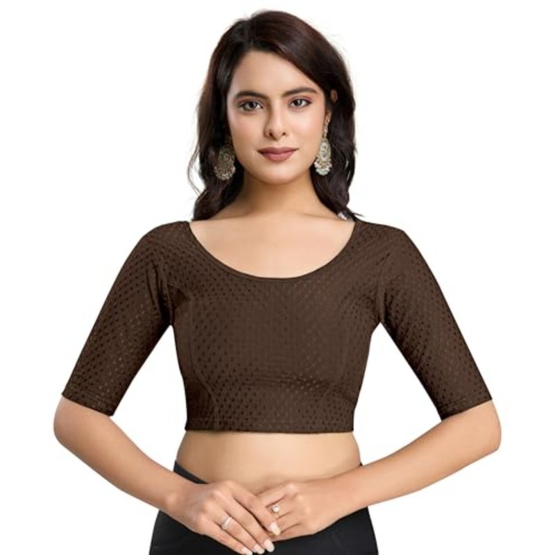 Trendmalls Women's Dobby Pure Cotton Elastin Stretchable Readymade Round Neck Elbow Length Sleeves Blouse Choli Stylish Saree Blouse Ready to Wear - Image 1