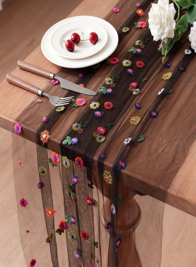 RRBXIA 2PC Black Embroidery Daisy Table Runner 10ft 120 Inch Fall Florals Gauze Tulle Sheer Cheesecloth Holiday Kitchen Dining Table Decoration for Home Wedding Party Baby Shower Birthday Decorations - Image 1