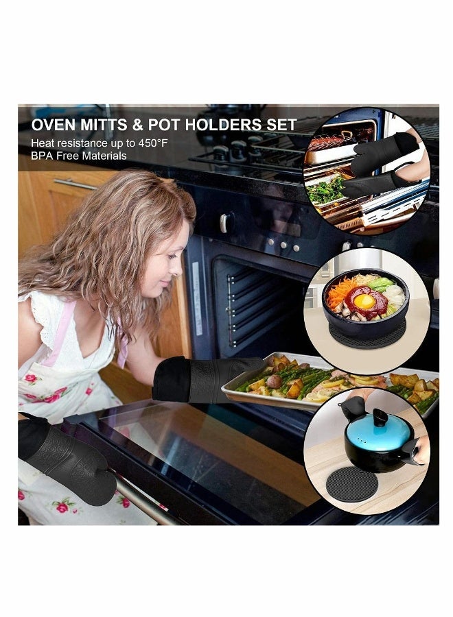Silicone Oven Mitts and Pot Holders Set, Heat Resistant Silicone Oven Mittens with Mini Oven Gloves and Hot Pads, Pot Holders for Kitchen Baking Cooking, Quilted Liner, Black,Pack of 6  - Image 3