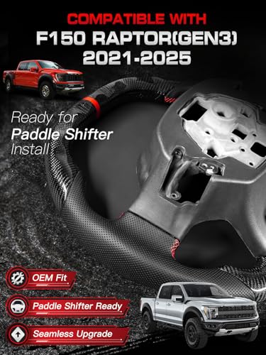 TESFEEL Steering Wheel for F150 Raptor 2021-2025, Real Carbon Fiber, Double D Design, Heated Nappa Preforated Leather Grip with Red Stripe&Stitching, Compatible with Raptor with Paddle Shifters Models - Image 2