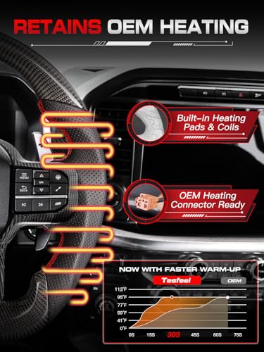 TESFEEL Steering Wheel for F150 Raptor 2021-2025, Real Carbon Fiber, Double D Design, Heated Nappa Preforated Leather Grip with Red Stripe&Stitching, Compatible with Raptor with Paddle Shifters Models - Image 4