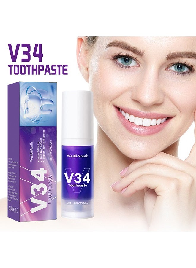 West&Month V34 toothpaste,for teeth whitening, color correcting whitening toothpaste, tooth color correcting serum, purple toothpaste, stain removal, whitening toothpaste. (30ml)  - Image 1