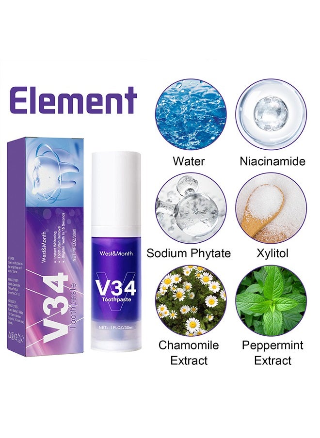 West&Month V34 toothpaste,for teeth whitening, color correcting whitening toothpaste, tooth color correcting serum, purple toothpaste, stain removal, whitening toothpaste. (30ml)  - Image 3