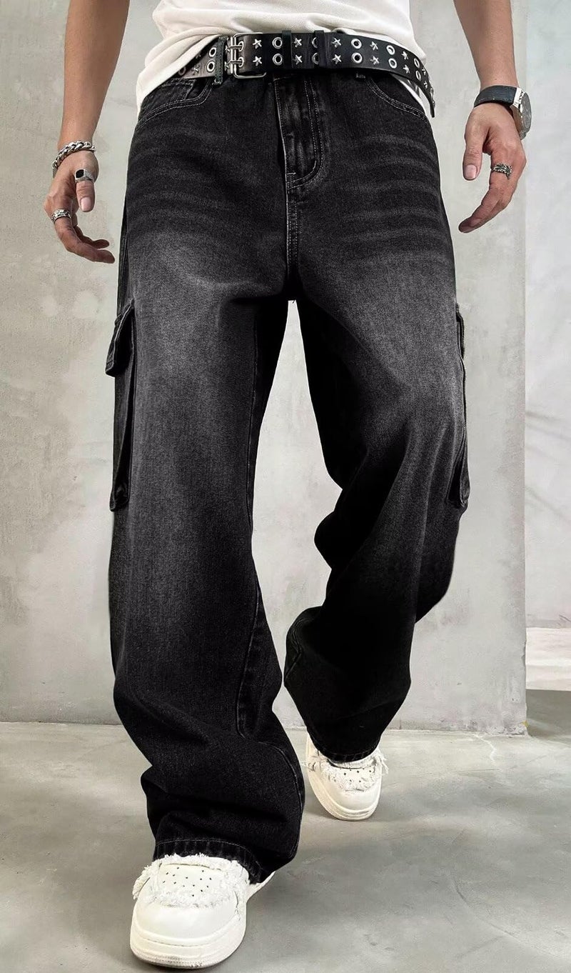 HUNGSON Mens Baggy Cargo Jeans for Men Women Y2k Skater Vintage Plain Pants Casual Wide Leg Jeans Loose Fit Denim Jeans Black - Image 2
