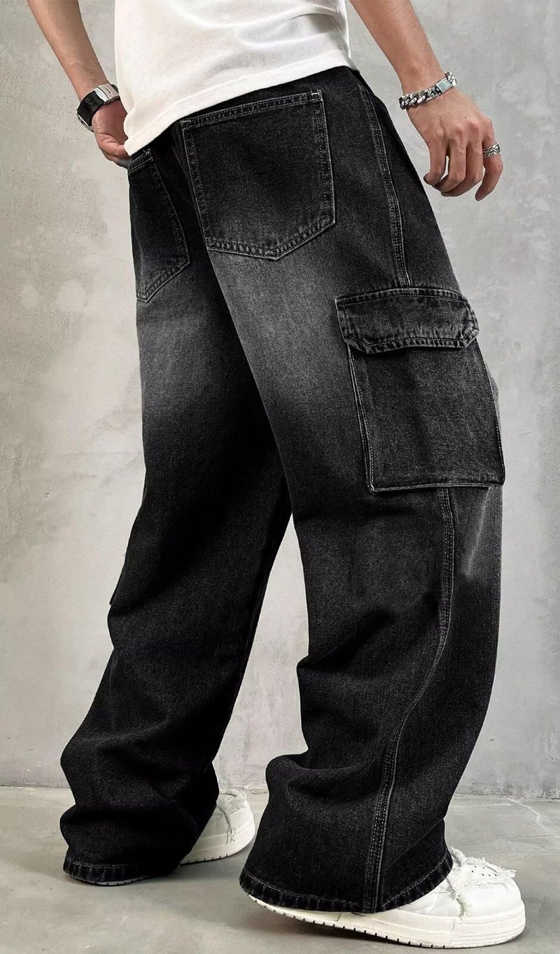 HUNGSON Mens Baggy Cargo Jeans for Men Women Y2k Skater Vintage Plain Pants Casual Wide Leg Jeans Loose Fit Denim Jeans Black - Image 4