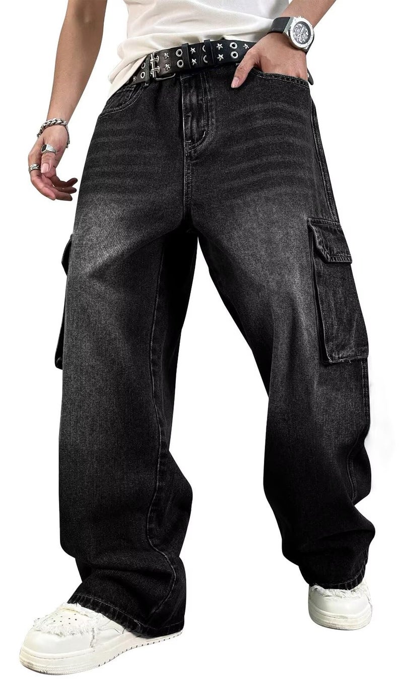 HUNGSON Mens Baggy Cargo Jeans for Men Women Y2k Skater Vintage Plain Pants Casual Wide Leg Jeans Loose Fit Denim Jeans Black - Image 1