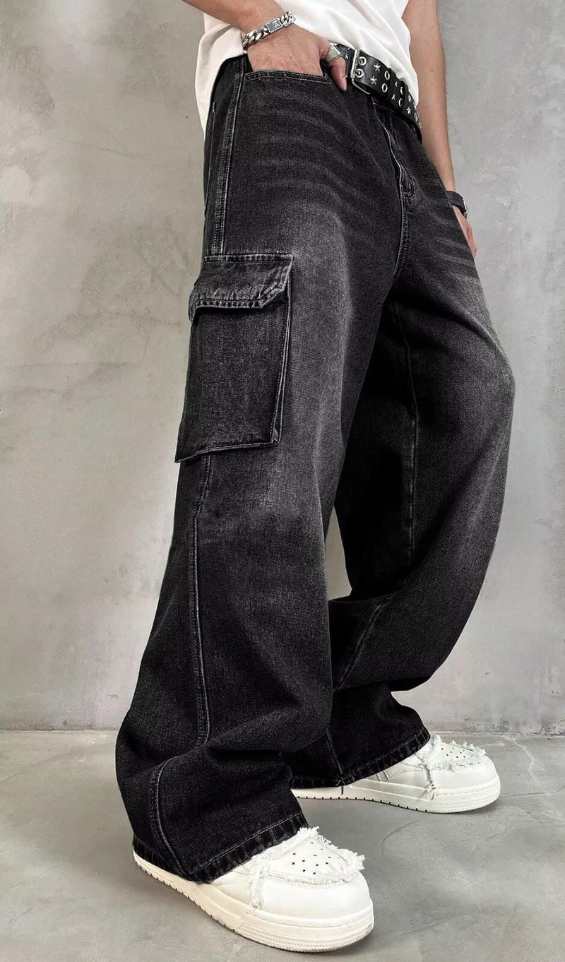 HUNGSON Mens Baggy Cargo Jeans for Men Women Y2k Skater Vintage Plain Pants Casual Wide Leg Jeans Loose Fit Denim Jeans Black - Image 3