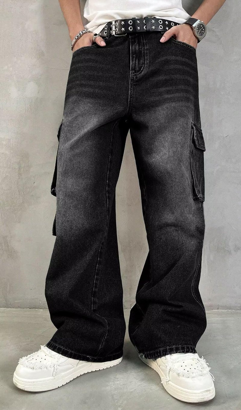 HUNGSON Mens Baggy Cargo Jeans for Men Women Y2k Skater Vintage Plain Pants Casual Wide Leg Jeans Loose Fit Denim Jeans Black - Image 5