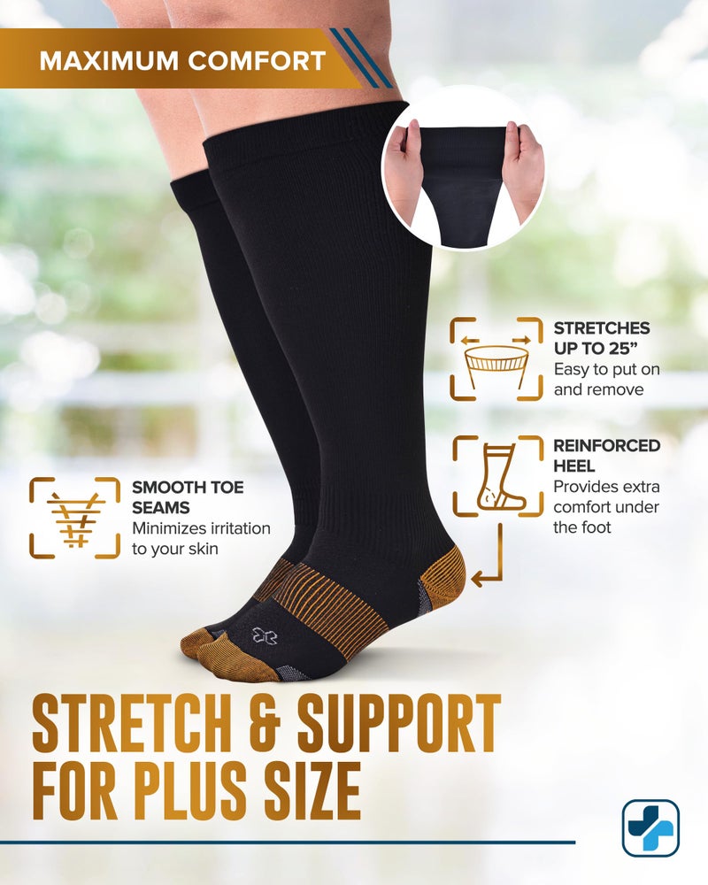 Doctor's Select Copper Plus Size Compression Socks Wide Calf - 2 Pairs | 20-30mmHg Extra Wide Calf Compression Sock Women | Copper Socks for Swelling, Varicose Veins | Extra Wide Calf Compression Sock | Black Wide Compression Socks for Women & Men - Image 3