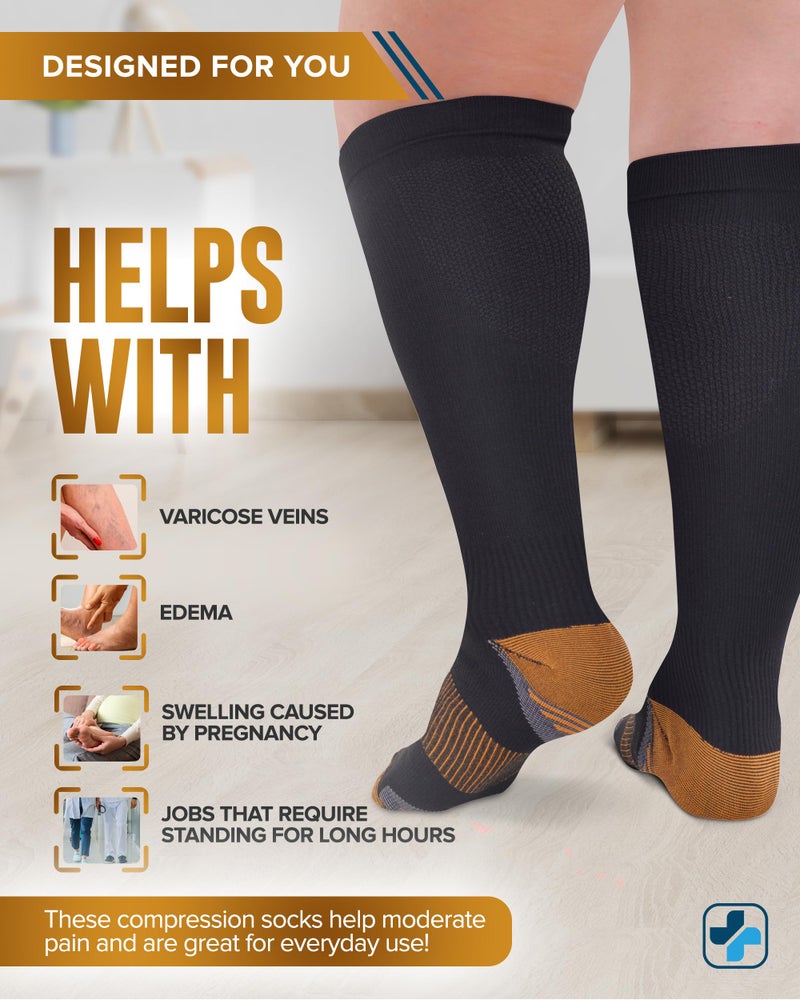 Doctor's Select Copper Plus Size Compression Socks Wide Calf - 2 Pairs | 20-30mmHg Extra Wide Calf Compression Sock Women | Copper Socks for Swelling, Varicose Veins | Extra Wide Calf Compression Sock | Black Wide Compression Socks for Women & Men - Image 4