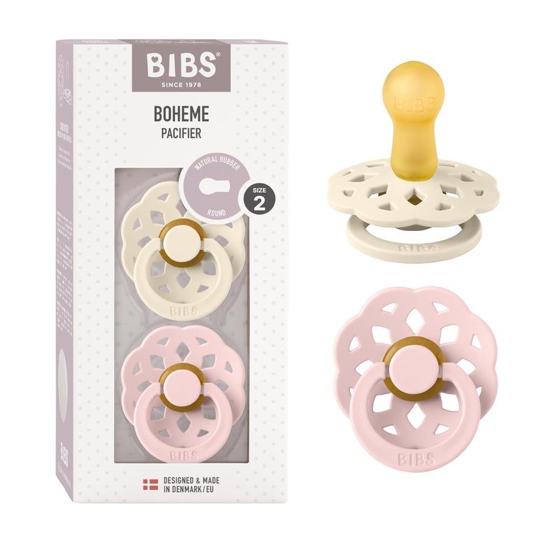 Bibi & Beau BIBS Boheme Soother 2-Pack. BPA Free, Round Nipple. Natural Rubber Latex, Made in Denmark. Size 2 (6-18 Months), Ivory/Blossom - Image 1