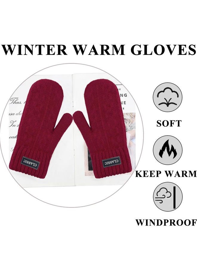 Beurlike Winter Mittens Gloves for Women Warm Fleece Lining Knit Thick Gloves for Cold Weather, Winered, One size - Image 5