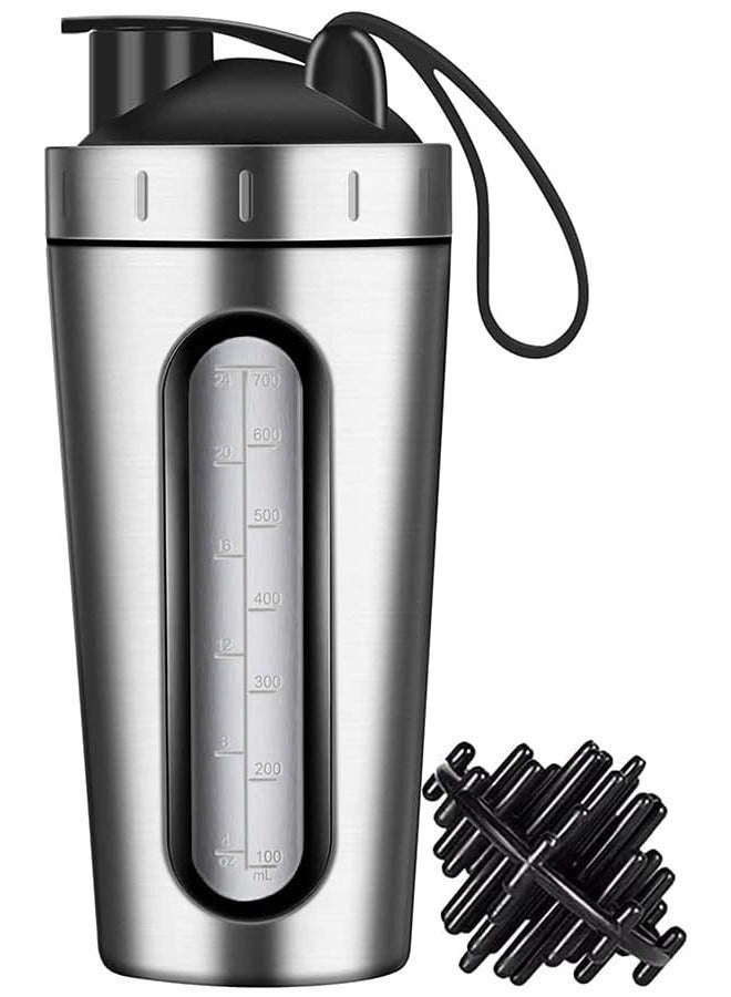 Bukela Protein Shaker Bottle, Protein Shaker Cup with shaker ball, Visible Window, Stainless Steel Shaker Bottle Leak Proof (silver) - Image 1