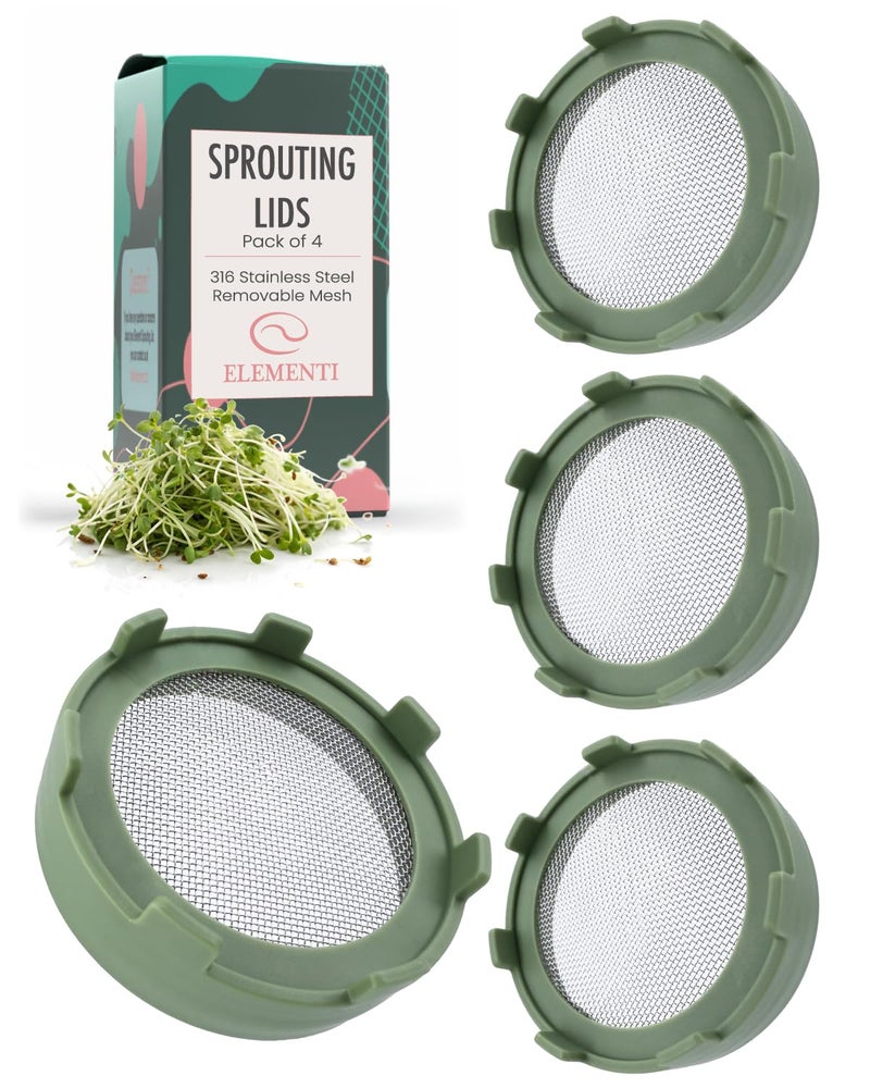 Elementi Sprouting Lids for Wide Mouth Mason Jars (Set of 4), Sprouting Jar Kit for Organic Alfalfa & Mung Bean Sprouts Growing Kit, 316 Stainless Steel Mesh Screen Strainer Lid (Sage Green) - Image 1