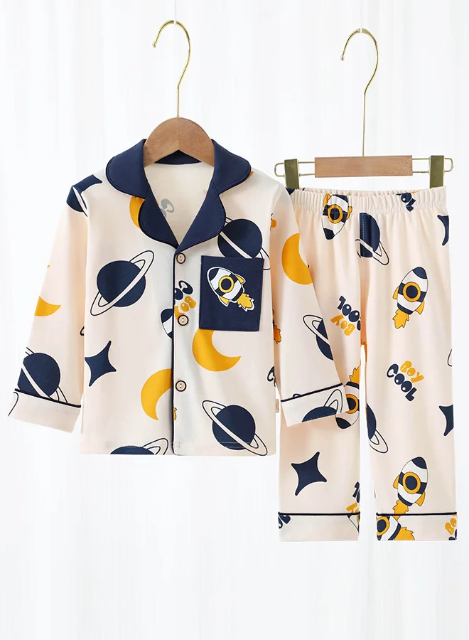 LITTLE SURPRISE BOX Little Surprise Box, Planets Cream and Navy soft Cotton Kids Nightsuit-3-4 Y
