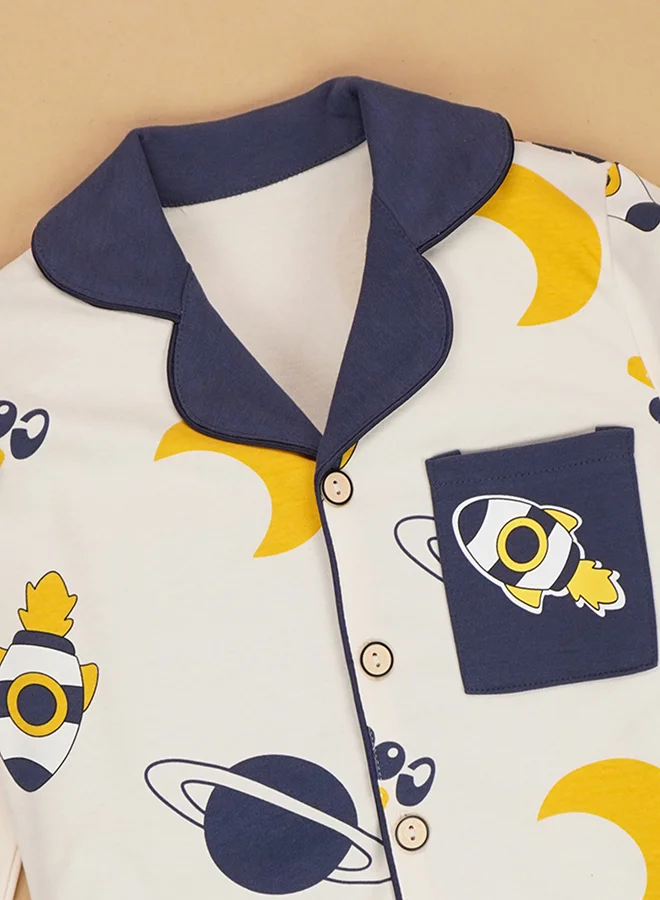 LITTLE SURPRISE BOX Little Surprise Box, Planets Cream and Navy soft Cotton Kids Nightsuit-3-4 Y