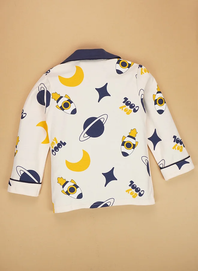 LITTLE SURPRISE BOX Little Surprise Box, Planets Cream and Navy soft Cotton Kids Nightsuit-3-4 Y