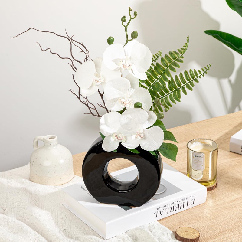 Briful Orchid Fake Flowers 16.1'' White Artificial Orchid Silk Flowers in Black Pot Faux Orchid Arrangement for Home Office Desk Modern Decoration - Image 3