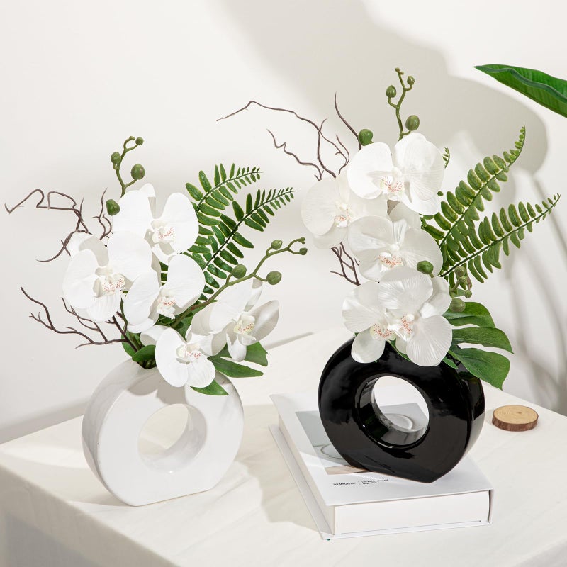 Briful Orchid Fake Flowers 16.1'' White Artificial Orchid Silk Flowers in Black Pot Faux Orchid Arrangement for Home Office Desk Modern Decoration - Image 4