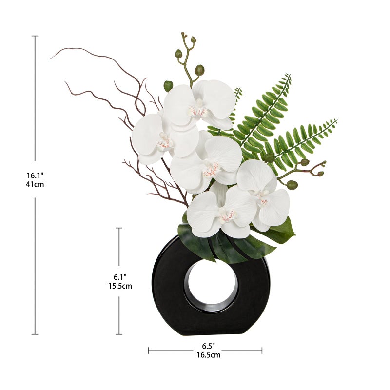 Briful Orchid Fake Flowers 16.1'' White Artificial Orchid Silk Flowers in Black Pot Faux Orchid Arrangement for Home Office Desk Modern Decoration - Image 2