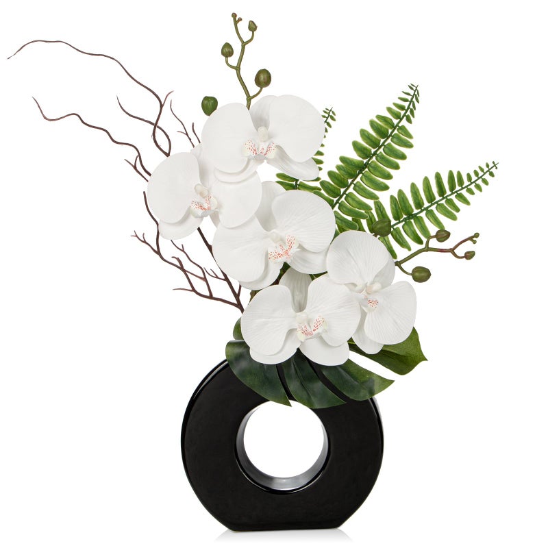 Briful Orchid Fake Flowers 16.1'' White Artificial Orchid Silk Flowers in Black Pot Faux Orchid Arrangement for Home Office Desk Modern Decoration - Image 1