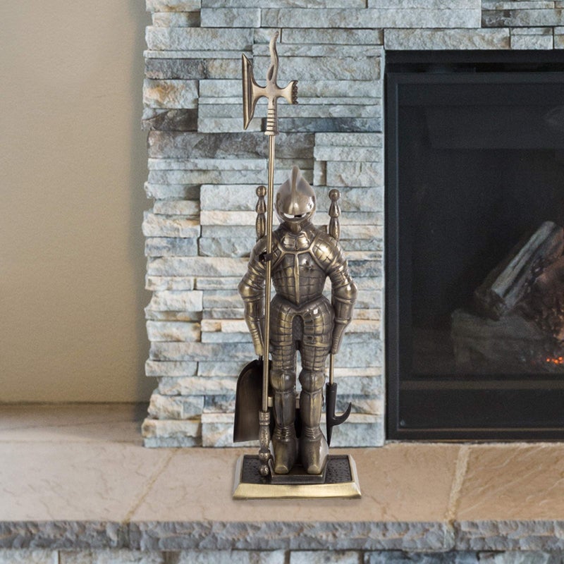 Lavish Home 3Piece Fireplace Tool SetMedieval Knight Cast Iron StatueIncludes Shovel Broom  Poker 29 Antique Brass