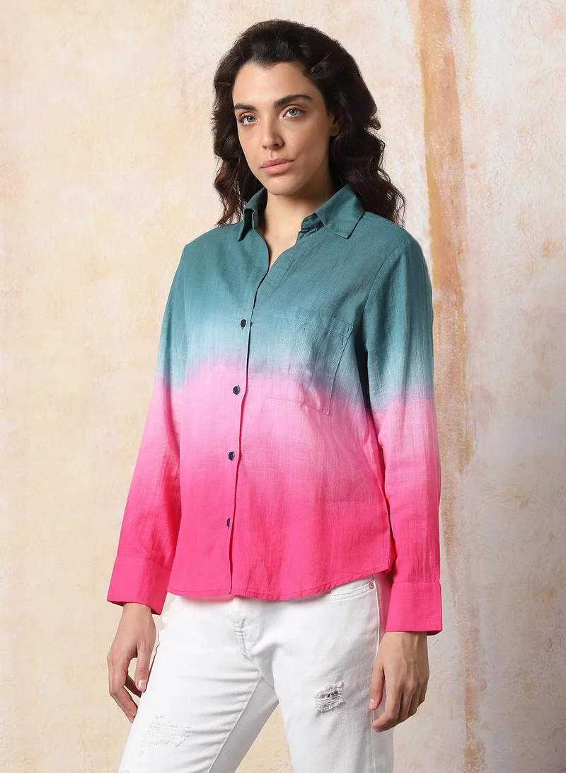 HIGH STAR Women Comfort Fit Spread Collar Colourblocked Cotton Casual Shirt