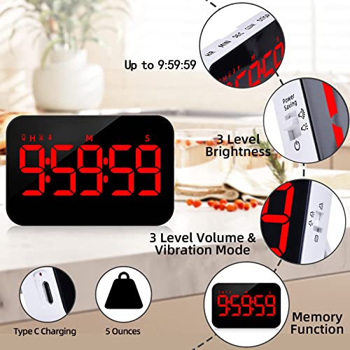 PERSUPER Digital Timer Kitchen Timer Count Down Up Rechargeable Kitchen Gadgets Vibration Mode Adjustable Volume and Brightness LED Display Time Management for Cook, Desk, Kids Adults Study Teaching - Image 2