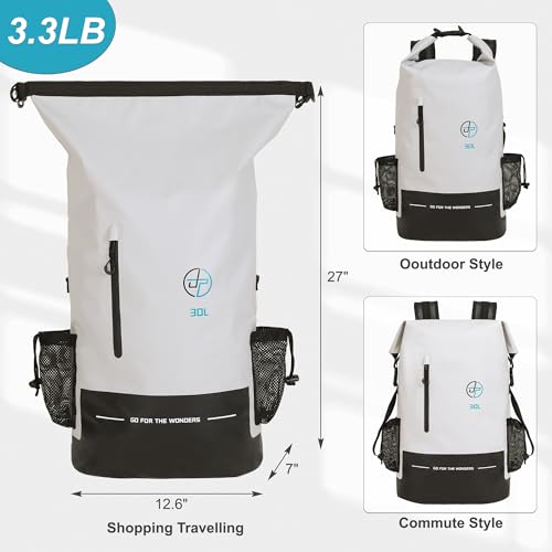 UPWELL Waterproof Dry Bag 30L Boating Backpack for Travel Hiking Camping Bags for Kayaking Hiking Waterproof Bags Swimming Floating Submersible Dry Bag GreyWhite - Image 3