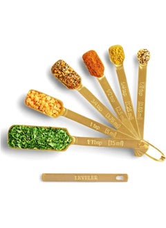 2 Lb. Depot 2lbDepot Gold Measuring Spoons Set of 7 Includes Bonus Leveler, for Baking/Cooking, Premium Kitchen use Stainless Steel Teaspoons, Rust Proof, Narrow Design fits into Spice Jars  - Image 1