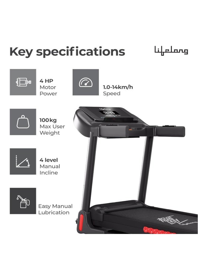Lifelong FitPro Motorized Treadmill for Home (4HP Peak) | 4-Level Manual Incline | Rubberies Shock Absorption | Foldable Hydraulic | 12 Preset Workouts | 14km/hr | 100Kg | Bluetooth - Image 3