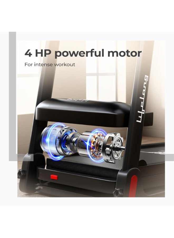 Lifelong FitPro Motorized Treadmill for Home (4HP Peak) | 4-Level Manual Incline | Rubberies Shock Absorption | Foldable Hydraulic | 12 Preset Workouts | 14km/hr | 100Kg | Bluetooth - Image 4
