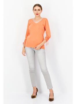 Zero Women V Neck Long Sleeve Plain Sweater, Dark Orange  - Image 2