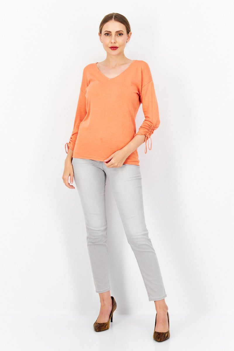 Zero Women V Neck Long Sleeve Plain Sweater, Dark Orange - Image 2