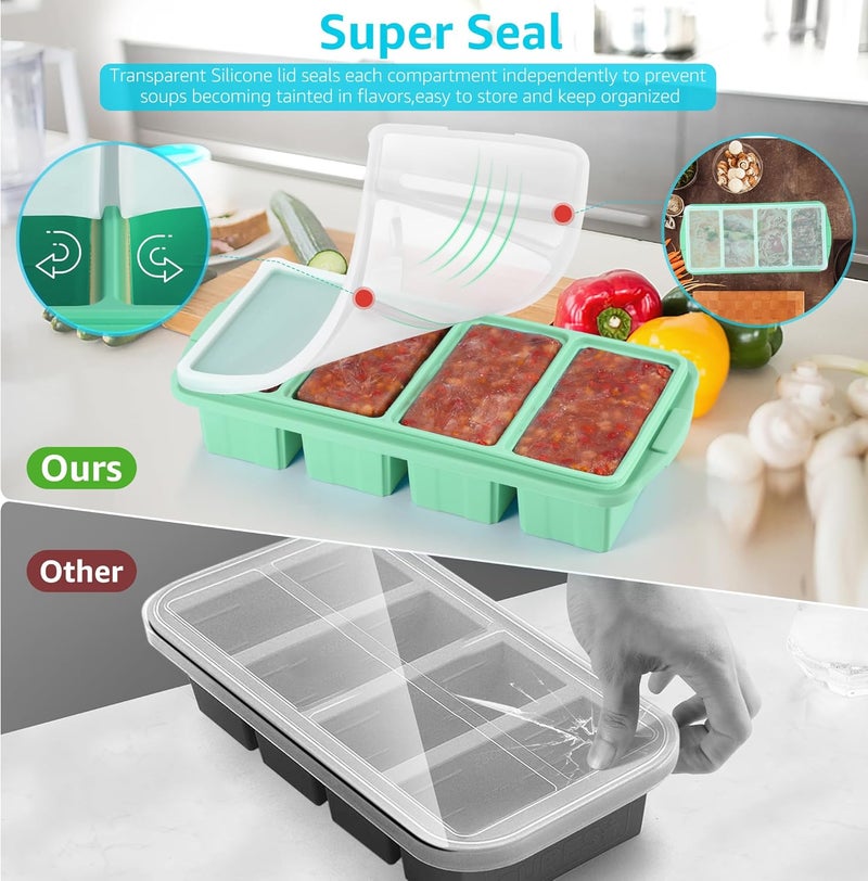 Ztomine Silicone Freezer Tray With Lid - Silicone Freezer Food Molds- Large Ice Cube Tray,Silicone Freezer Container,Freeze & Store Soup, Sauce, Broth,Leftovers - Makes 4 Perfect 1 Cup - Image 5