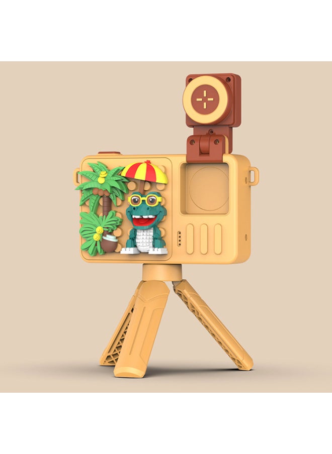 Generic H9 Children's Camera Step Into High-definition Dual-camera Digital Camera Creative Building Blocks Puzzle Toy Camera-Body Color:Yellow Crocodile  - Image 1