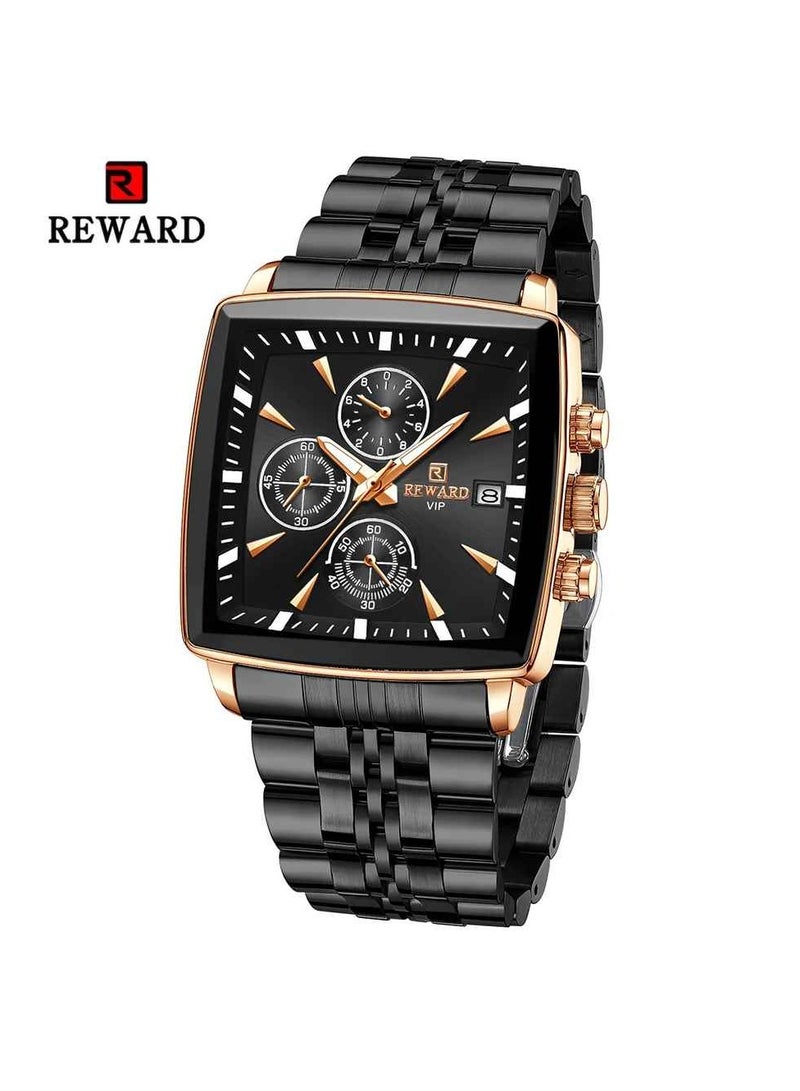 REWARD Quartz Mens Watch, Waterproof Luminous Sport Watch, Comfortable Stainless Steel Chronograph Wristwatch, Lightweight And Durable Business Watch, (1pc, Black And Gold) - Image 1
