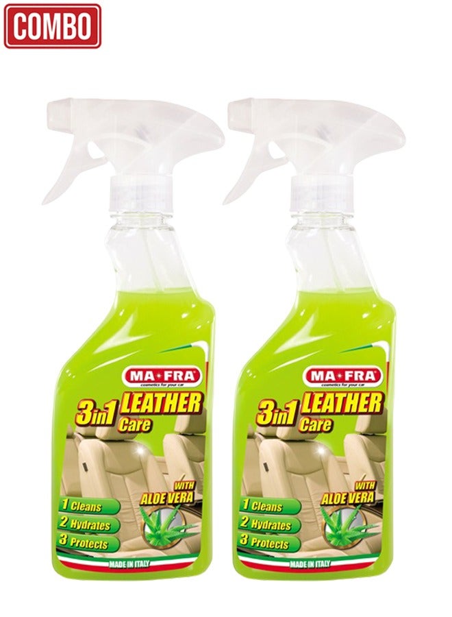 مافرا منظف ​​ومرطب ما-فرا 3 في 1 للعناية بالجلد مع خلاصة الصبار - 500 مل (عبوة من قطعتين)، ينظف ويرطب ويحمي مقاعد السيارة والداخلية | طقم تلميع السيارات الإيطالي الاحترافي للأسطح الجلدية الطبيعية والصناعية - قطعتان - Image 1