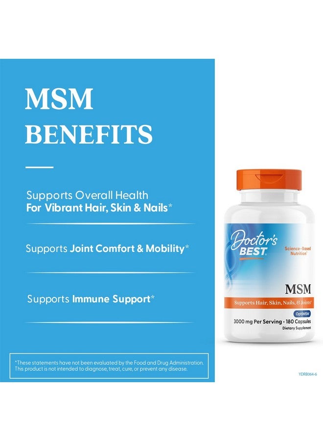 Doctor's Best Doctors Best MSM, Supports Hair, Skin, Nails, & Joints, Non-GMO, Gluten Free, 3000 mg Per Serving, 180 Capsules - Image 1