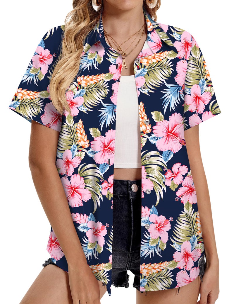 Mizvsitrd Hawaiian Shirts for Women Trendy, Womens Hawaiian Shirt and Blouses Hawaiian Outfits Ladies Luau Party Button Up Shirt Short Sleeve Beach Tropical Vacation Outfit Resort Wear 2025,Floral Purple,Medium - Image 1