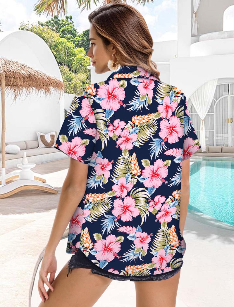 Mizvsitrd Hawaiian Shirts for Women Trendy, Womens Hawaiian Shirt and Blouses Hawaiian Outfits Ladies Luau Party Button Up Shirt Short Sleeve Beach Tropical Vacation Outfit Resort Wear 2025,Floral Purple,Medium - Image 5