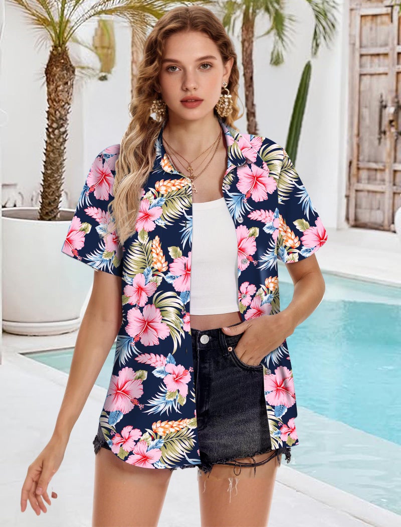 Mizvsitrd Hawaiian Shirts for Women Trendy, Womens Hawaiian Shirt and Blouses Hawaiian Outfits Ladies Luau Party Button Up Shirt Short Sleeve Beach Tropical Vacation Outfit Resort Wear 2025,Floral Purple,Medium - Image 4