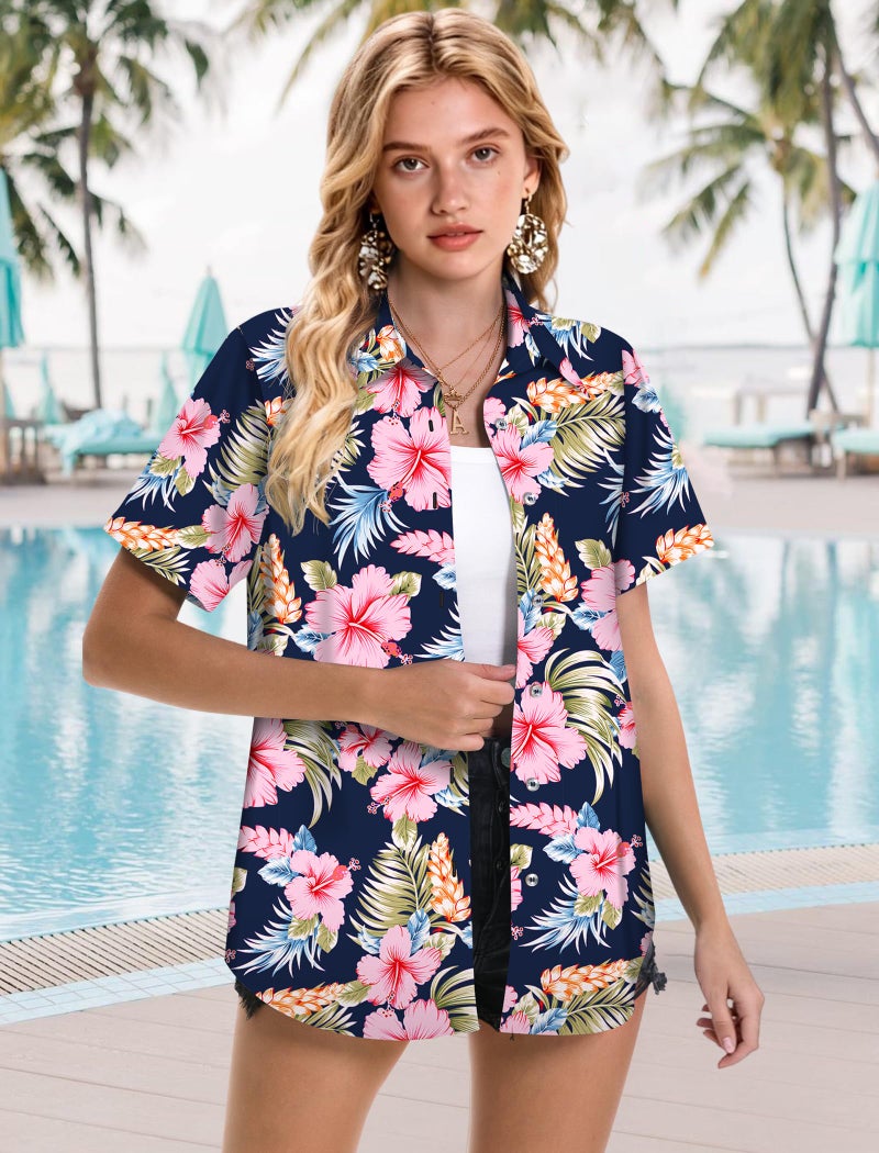 Mizvsitrd Hawaiian Shirts for Women Trendy, Womens Hawaiian Shirt and Blouses Hawaiian Outfits Ladies Luau Party Button Up Shirt Short Sleeve Beach Tropical Vacation Outfit Resort Wear 2025,Floral Purple,Medium - Image 2