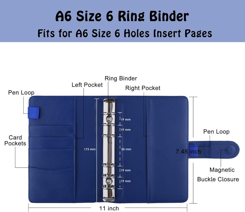 Antner حافظة ميزانية جلدية PU A6 - دفتر ملاحظات قابل لإعادة التعبئة بـ 6 حلقات ورقية A6، غلاف مخطط شخصي مع إغلاق مغناطيسي، أزرق داكن - Image 2