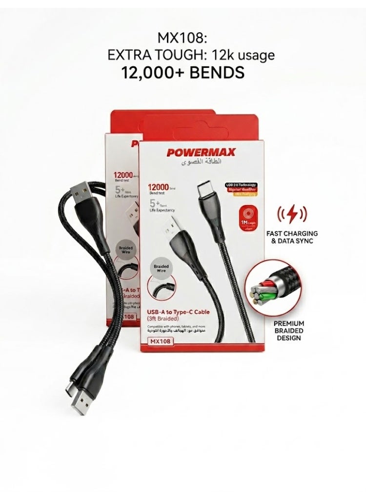 PowerMax Type C Cable 1M A to USB C Data Cord Premium Nylon Braided Wire for Samsung Galaxy MacBook Pro Huawei MateBook Pro iPad and more - Image 1