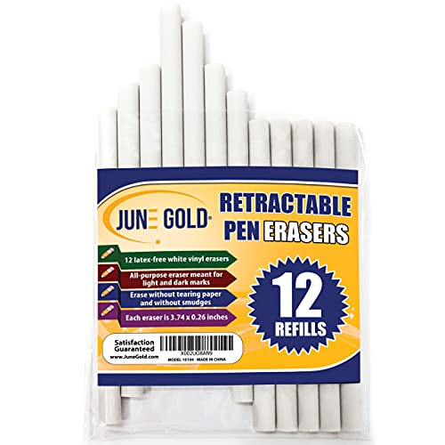 June Gold 12 Pack of Retractable Pen Eraser Stick Refills - Latex-Free, White Vinyl, & Precision Erasing - Image 1