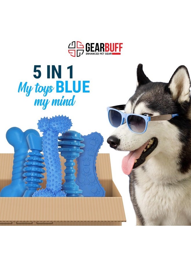 Chew Toys 5 In 1 | Tuffy Bone, Spiral Dumbbells, Spiky Curved Flat Bone, Paw Printed Flat Bone, Twirled Bone| Chew Toys For Dogs | Blue