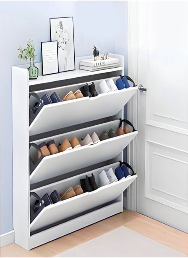 C&C Home 3 Tier Ultra Thin Tilting Shoe Cabinet Rack for Entryway Hallway Storage Furniture White 78 x 17 x 110 cm 