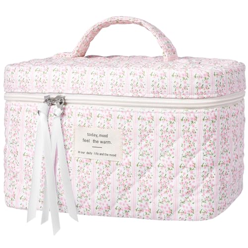 senbowe Large Quilted Makeup Bag Cotton Floral Cosmetic Bag for Women Cute Coquette Aesthetic Makeup Bag Toiletry Bag Travel Make Up Organizer Bag with Zipper and Ribbon Pinkgreen Floral - Image 1