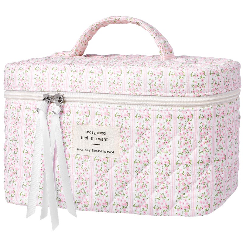 senbowe Large Quilted Makeup Bag Cotton Floral Cosmetic Bag for Women Cute Coquette Aesthetic Makeup Bag Toiletry Bag Travel Make Up Organizer Bag with Zipper and Ribbon Pinkgreen Floral - Image 2